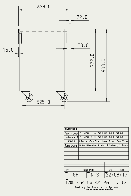 Engineering drawing of bespoke table part 2